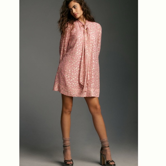 Anthropologie Maeve Long-Sleeve Tie-Neck Mini Dress XS - Picture 3 of 12